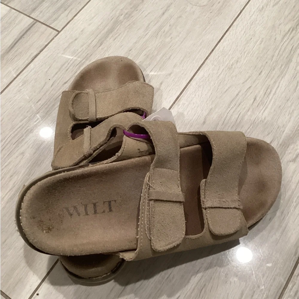 Wilt Kids' Tan Suede Double Strap Slide Sandals